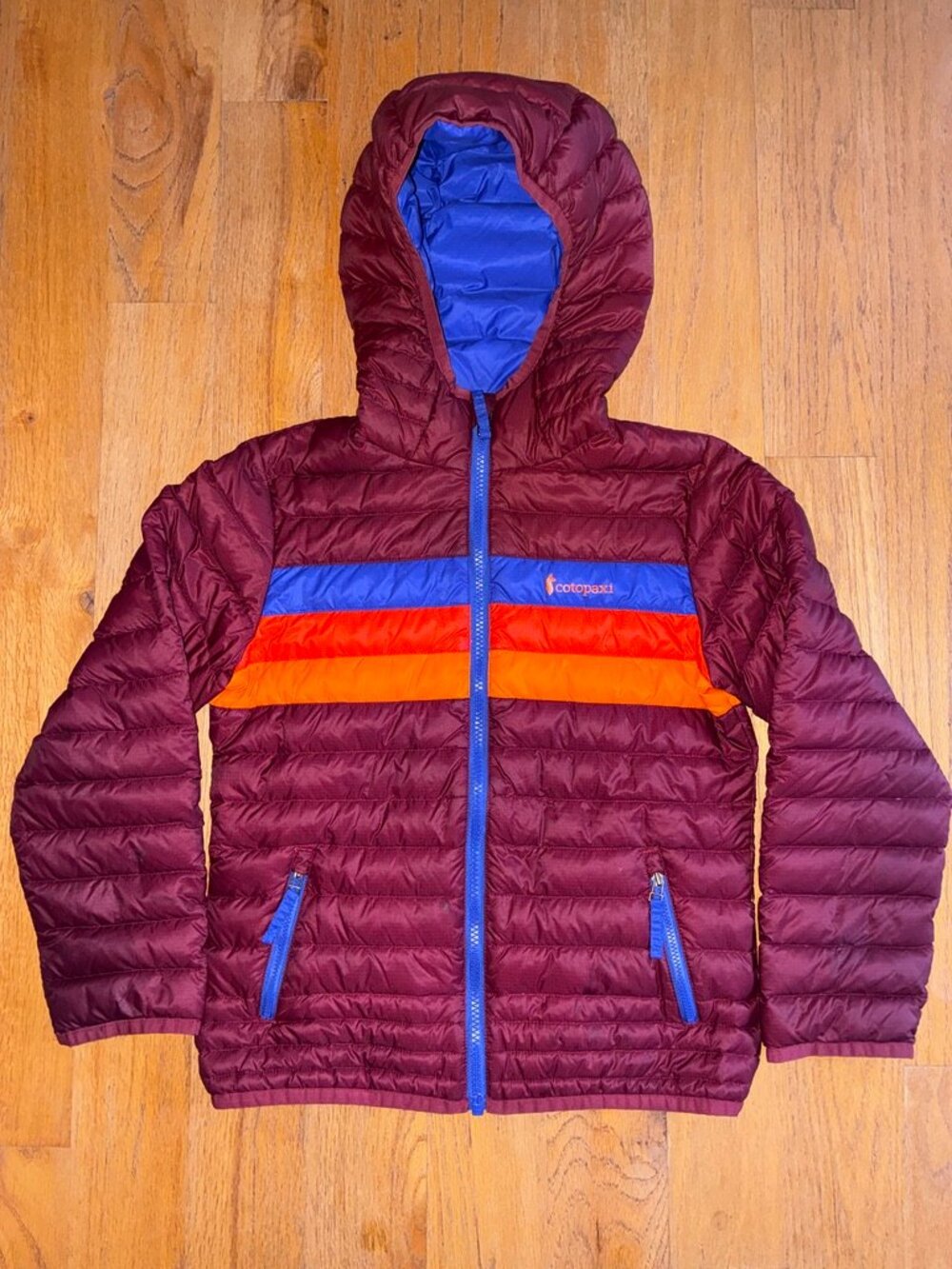 Cotopaxi Kids Fuego Down Hooded Jacket Burgundy Stripes Small